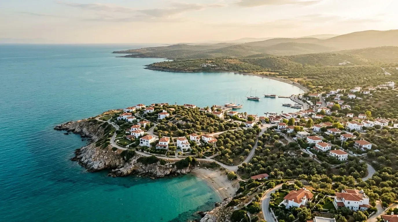 Didim coastline aerial — turquoise bay, traditional gulet sailboats